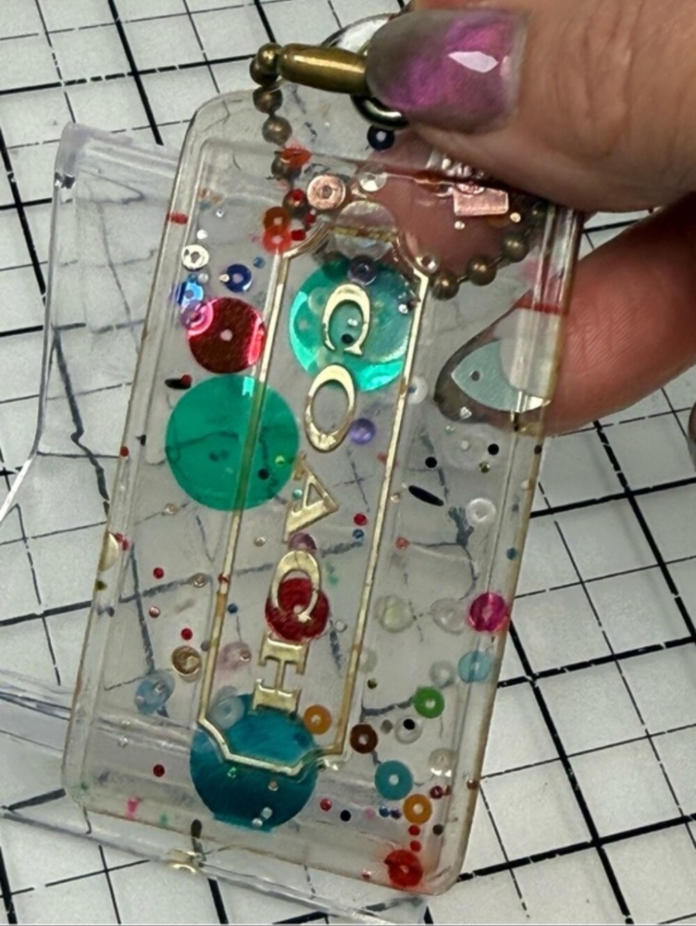 Clear Glitter Confetti Coach Hang Tag with Gold Accent